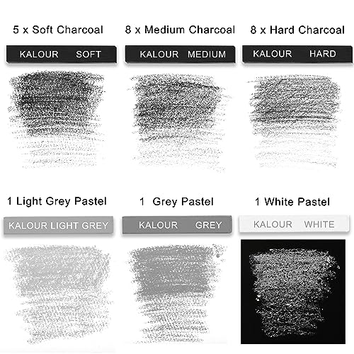 KALOUR 24 Pro Charcoal Drawing Set - Soft,Medium,Hard Charcoal and White Charcoal - Charcol Sticks for Drawing Sketching Shading - Art Supplies Gift KALOUR