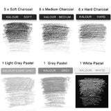 KALOUR 24 Pro Charcoal Drawing Set - Soft,Medium,Hard Charcoal and White Charcoal - Charcol Sticks for Drawing Sketching Shading - Art Supplies Gift KALOUR