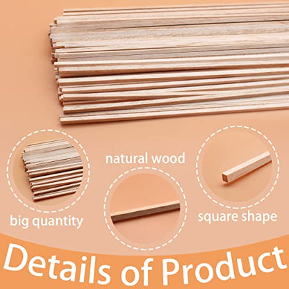 Benvo 100 Pieces Balsa Wood Sticks Square Wooden Dowels Unfinished Hardwood Strips Natural Long Woodcraft Sticks Batons for DIY Crafts Model Making