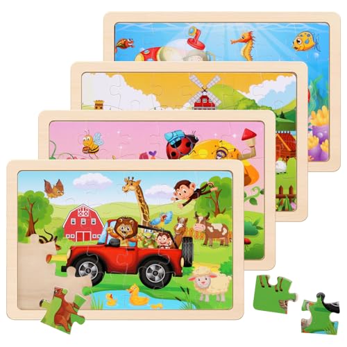 Wooden Puzzles Toys for Kids Ages 3-5, Set of 4 Packs with 24-Piece Farm, Insects, Animals Wood Jigsaw Puzzles, Preschool Educational Brain Teaser