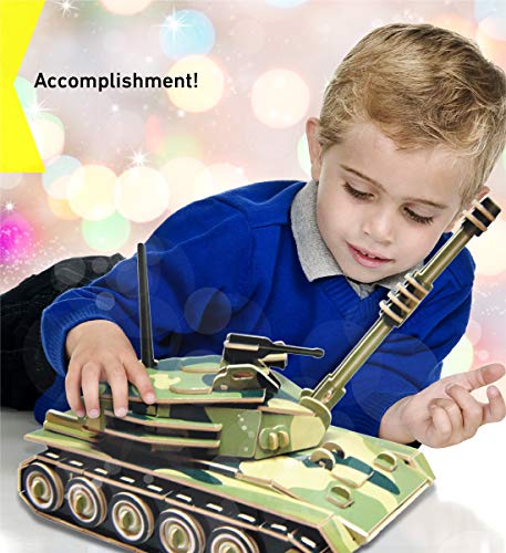 Puzzled 3D Puzzle Colorful Tank Wood Craft Construction Kit Fun, Unique and Educational DIY Wooden Military Toy Assemble Model Pre-Colored Crafting Puzzled