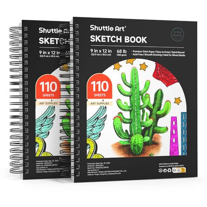 Shuttle Art 9x12” Sketchbook, 220 Sheets Total, Pack of 2(110 Sheets Each), 68lb/100gsm Thick Paper, Spiral Bound Mixedmedia Sketch Pad, Acid-free - WoodArtSupply