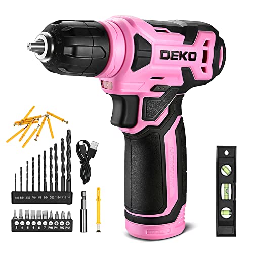 DEKO 8V Cordless Drill, Drill Set with 3/8"Keyless Chuck, 42pcs Acessories, Built-in LED, Type-C Charge Cable, Pink Power Drill for Drilling and
