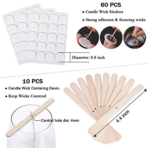 Bulk Candle Wicks 100 Pcs with 60Pcs Candle Wick Stickers and 10 Pcs Wooden Candle Wick Centering Device for Soy Beeswax Candle Making (6inch) ANTUNIHOD