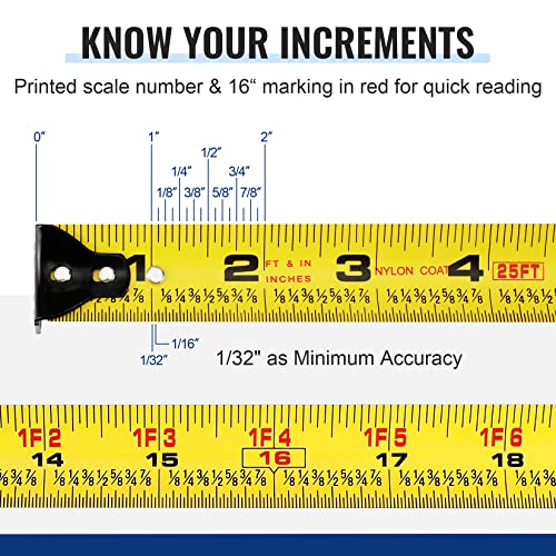 WORKPRO Auto-Lock Tape Measure 25 FT, Tape Measure with Fractions Every 1/8" and 1/32" Accuracy, Quick Read, Nylon Coated with Magnetic Hook, WORKPRO