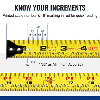 WORKPRO Auto-Lock Tape Measure 25 FT, Tape Measure with Fractions Every 1/8" and 1/32" Accuracy, Quick Read, Nylon Coated with Magnetic Hook, - WoodArtSupply