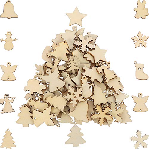 Hestya 150 Pieces Wooden Ornaments Mini Christmas Theme Natural Wood Slices Decorative Wooden Cutout Slices for Christmas Tree Ornaments Hanging DIY