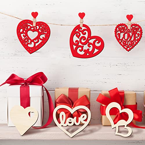 45 Pieces Valentine Wooden Cutouts Wood Heart Cutouts Ornaments Unfinished Heart Wood Slices Wood Cupid Shape Slices with 45 Pieces Hemp Rope for Maitys
