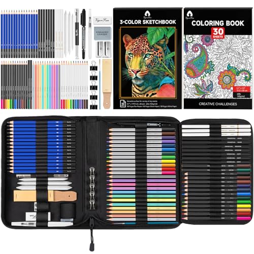 82 PCS Drawing Set Sketching Kit, Pro Art Supplies with 5 Blinder Clips, 3-Color Sketch Pad, Coloring Book, Colored, Graphite, Charcoal, Watercolor,