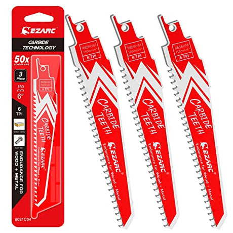 EZARC Carbide Reciprocating Saw Blades 6-Inch, Endurance Sabre Saw Blade Set for Hard Wood and Metal Demolition 6TPI, 3-Pack R656HM EZARC