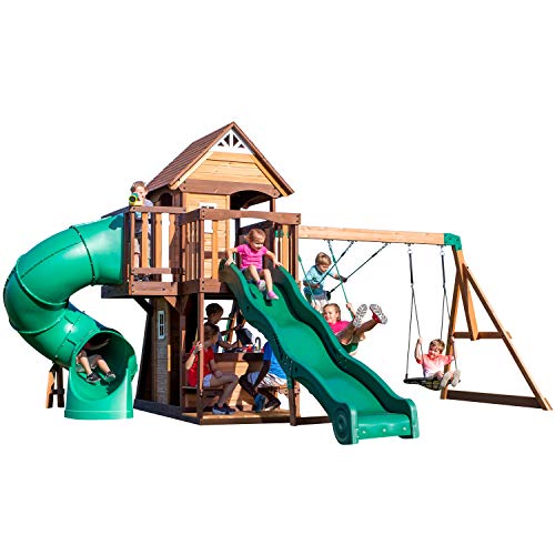 Backyard Discovery, Cedar Cove Wood Swing Set, Playground Fort, Chalkboard, Telescope, Dual Slide, Kitchenette, Wide Swing Lanes, 5ft Rock Wall, Step