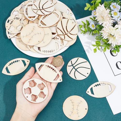 NBEADS 40 Pcs Sport Ball Theme Unfinished Wood Cutout, Unfinished Wood Pieces Wood Craft Blanks Laser Cut Wood Charms for DIY Crafts Decoration NBEADS