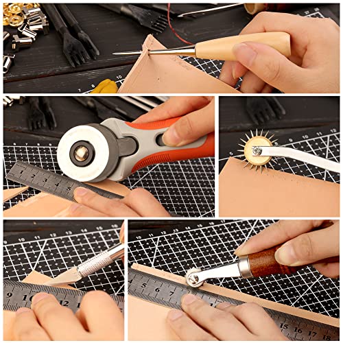 IMZAY 415Pcs Leather Tooling Working Kit, Compact Beginner Leather Tools and Supplies with Leather Stitching Sewing Carving Cutting Crafting Tools IMZAY