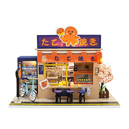 WYD Star Octopus Burning Japanese Style Takoyaki Shop Mini Doll House Kit Assembled LED Light Model Wind and Gift with Dust Cover and Music