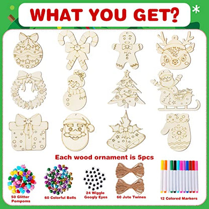 MGParty 60Pcs DIY Wood Slices, Wooden Christmas Ornaments Bulk for Crafts, Unfinished Paintable Wooden Hanging Decorations, Wood Kit for Crafts with - WoodArtSupply