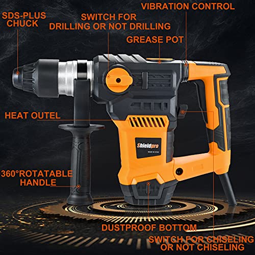 SHIELDPRO 1-1/4 Inch SDS-Plus 13 Amp Rotary Hammer Drill Heavy Duty, Safety Clutch 3 Functions with Vibration Control,Including Grease, Flat Chisels, SHIELDPRO