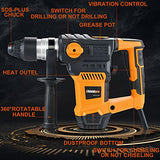 SHIELDPRO 1-1/4 Inch SDS-Plus 13 Amp Rotary Hammer Drill Heavy Duty, Safety Clutch 3 Functions with Vibration Control,Including Grease, Flat Chisels, SHIELDPRO