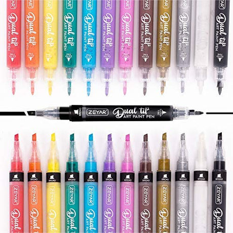 ZEYAR Acrylic Paint Pen, Dual Tip: Board and Extra Fine, 12 Colors, AP Certified, Waterproof Ink, Works on Rock, Wood, Glass, Metal, Ceramic and More ZEYAR