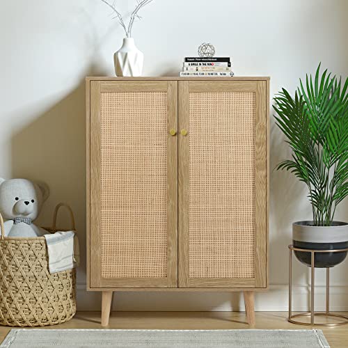 Anmytek Rattan Cabinet, 44" H Tall Sideboard Storage Cabinet with Crafted Rattan Front, Entryway Shoe Cabinet Wood 2 Door Accent Cabinet with