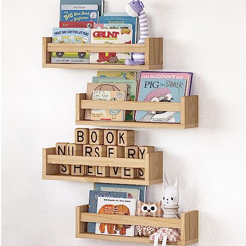 Set of 4 Natural Wood Floating Book Shelves for Nursery and Kids' Rooms