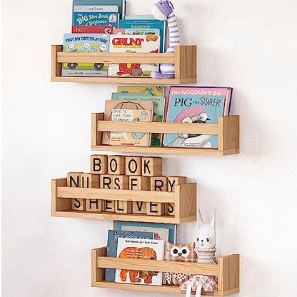 Set of 4 Natural Wood Floating Book Shelves for Nursery and Kids' Rooms