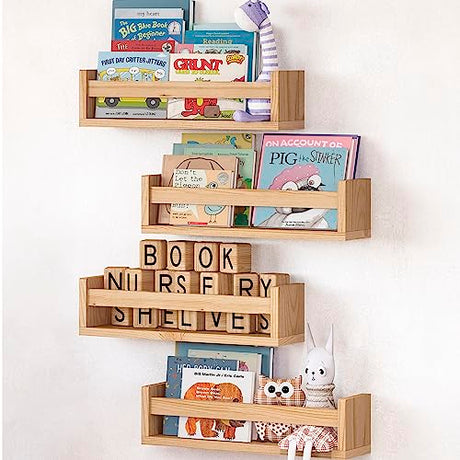 Set of 4 Natural Wood Floating Book Shelves for Nursery and Kids' Rooms NATURE SUPPLIES