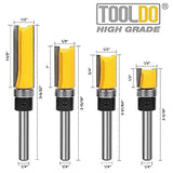 TOOLDO Pattern Flush Trim Bit 4 Pcs Router Bits，Top Bearing Flush Trim Bits Set，1/4 Inch Shank ,Cutting Length 1/2", 3/4", 1", 1-1/2" TOOLDO