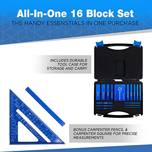 Blockcision Setup Blocks Woodworking Tools - 16-Piece Gauge Block Set with Precision Ruler-Marked Bars, Case, Carpenter Pencil & Square - Aluminum