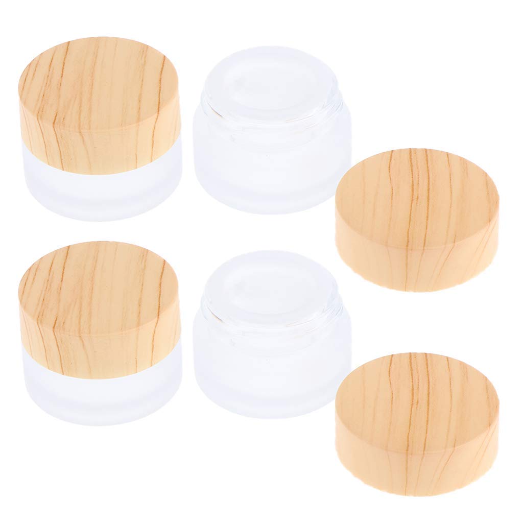 Healthcom 10 Pcs 5 Grams/5 ML Empty Frosted Glass Cream Jars Bottle Vials with Wood Grain Lid Lotion Jars Cosmetic Comtainers Refillable Glass Cream Healthcom