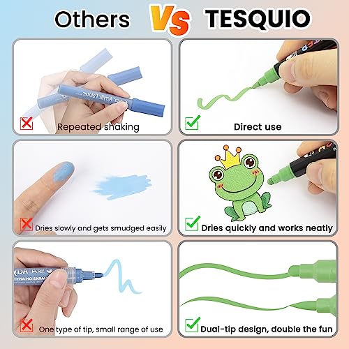 Tesquio Paint Pens, 42 Colors Acrylic Paint Pens Paint Markers, Dual Tip Pens With Medium Tip and Brush Tip for Rock Painting, Wood, Ceramic, Fabric, Tesquio