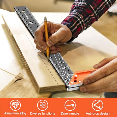12” Woodworking Square Ruler - Preciva Right Angle Ruler Carpenter Square Layout Tool, Features Stainless Steel Blade, Retractable Ledge, 1/16” and Preciva