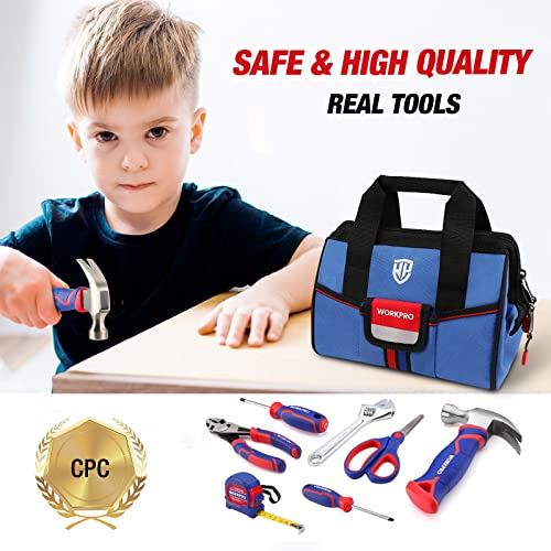 WORKPRO 9-Piece Kids Real Hand Tool Set, Blue Junior Tool Kit with Storage Bag for Boys, Girls, Children DIY Building and Woodworking, Age 8+ WORKPRO