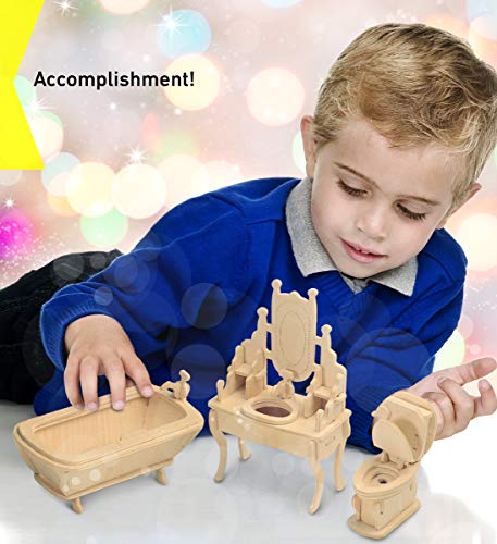 Puzzled 3D Puzzle Bathroom Dollhouse Furniture Set Wood Craft Construction Model Kit, Fun & Educational DIY Wooden Toy Assemble Model Unfinished Puzzled