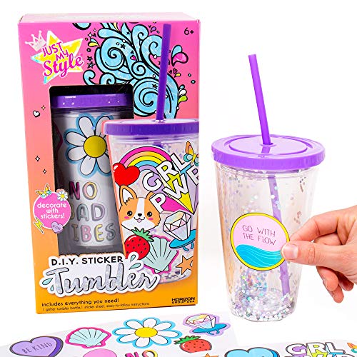 Just My Style DIY Sticker Tumbler, Style & Embellish Your Own BPA Free VSCO Glitter Water Tumbler, Reusable Stickers Included, Great Back To School