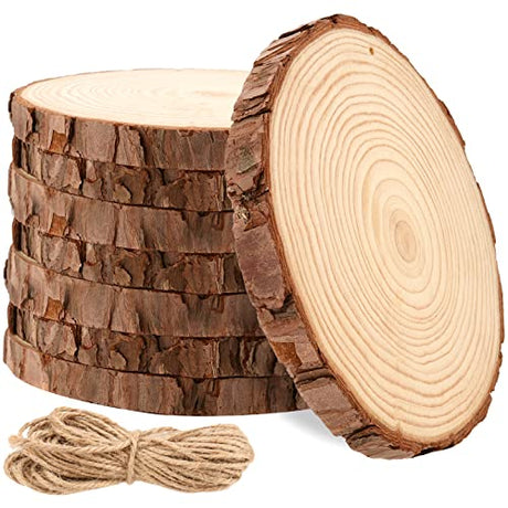 MANCHAP 8 PCS 7-7.8 Inch Craft Wood Slice with Hole, Unfinished Predrilled Wooden Circles with Hanging String, Round Log Discs Log Slices for DIY, MANCHAP