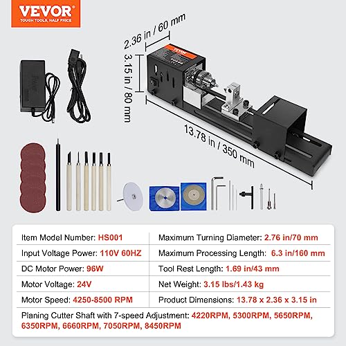 VEVOR Mini Lathe Machine, 2.76 in x 6.3 in, 24VDC 96W Mini Wood Lathe Tools Milling Machine Accessories, 7 Speeds 4220/5300/5650/6350/6660/7050/8450