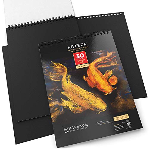 Arteza Spiral-Bound Black Sketch Pad, Heavyweight Paper, 11 X 14 Inches, 90lb/150gsm, 30 Sheets, Pack of 2, for Graphite & Colored Pencils, Charcoal, - WoodArtSupply