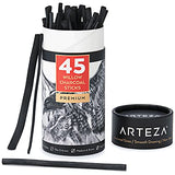 Arteza Willow Charcoal Sticks, Set of 45, Assorted Sketching Charcoal — Thin 3-6 mm, Medium 6-8 mm, and Thick 10 mm, Art Supplies for Professionals, ARTEZA
