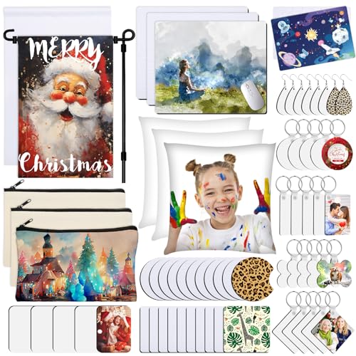 128 PCS Sublimation Blanks Products, Modacraft Christmas Ornaments Crafts Sublimation Starter Kit with Instruction Manual, Blank Makeup Bag Fridge Modacraft