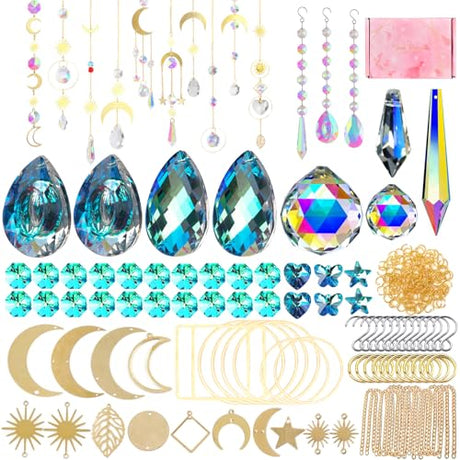 370 Pcs Crystal Suncatcher Kits Hanging Chandelier Crystals Prisms Parts Rainbow Maker Pendants for Stained Glass Window Hanging DIY Sun Catchers QIKAIDE