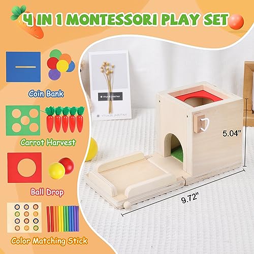 Wooden Montessori Toys Toddlers Play Kit, 4-in-1 Object Permanence Box, Coin Box, Carrot Harvest, Color Match Sticks Drop Game, Educational Learning - WoodArtSupply