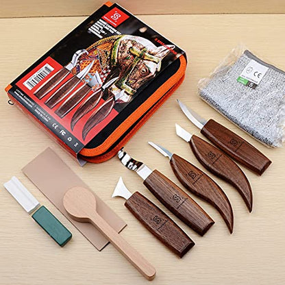 Whittling knife, Wood Carving Tools 5 in 1 Knife Set - Includes Sloyd Knife, Chip Carving knife, Hook Knife, Oblique Knife, Trimming knife Sharpener