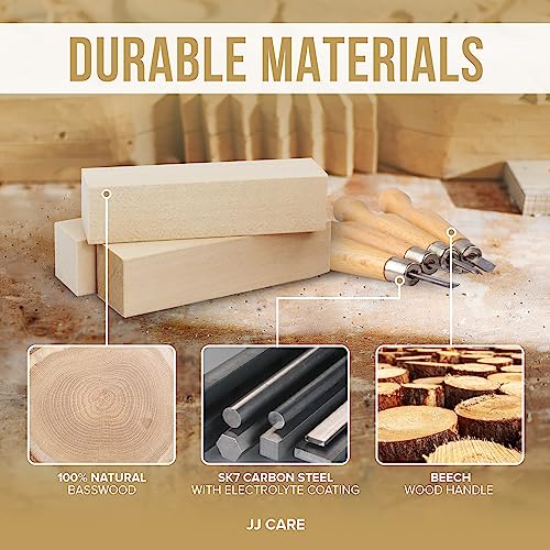 JJ CARE Wood Carving Kit [8 SK7 Carving Knives with Beechwood Handle, 10 Basswood Carving Blocks, and 1 Grinding Stone] - Beginner Wood Carving Kit, JJ CARE