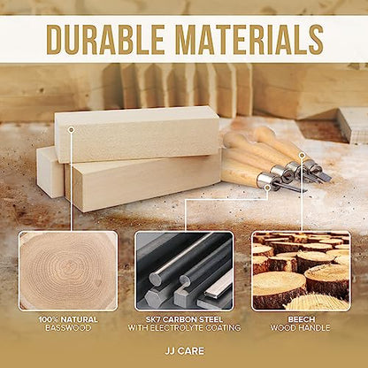 JJ CARE Wood Carving Kit [8 SK7 Carving Knives with Beechwood Handle, 10 Basswood Carving Blocks, and 1 Grinding Stone] - Beginner Wood Carving Kit,