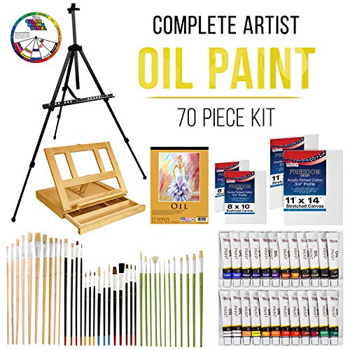 U.S. Art Supply 70-Piece Artist Oil Painting Set with Aluminum Field Easel, Wood Table Easel, 24 Oil Paint Colors, 37 Brushes, 2 Stretched Canvases, US Art Supply