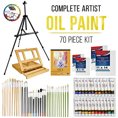 U.S. Art Supply 70-Piece Artist Oil Painting Set with Aluminum Field Easel, Wood Table Easel, 24 Oil Paint Colors, 37 Brushes, 2 Stretched Canvases, - WoodArtSupply