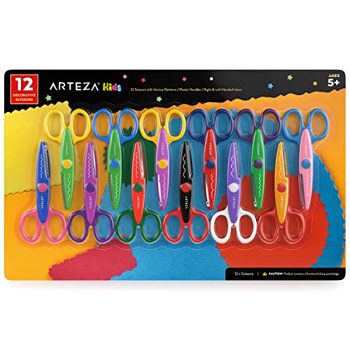 Arteza Kids Decorative Scissors, Set of 12 Different Patterns, 5.5 Inches, Craft Scissors with Patterns, School Supplies and Scrapbooking Supplies - WoodArtSupply