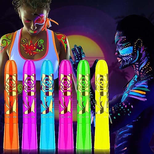 6 Colors Glow in The Black Light Face Body Paint Sticks,UV Neon Glow Fluorescent High Pigmented Face Painting Crayons Kit for Halloween Mardi Gras - WoodArtSupply