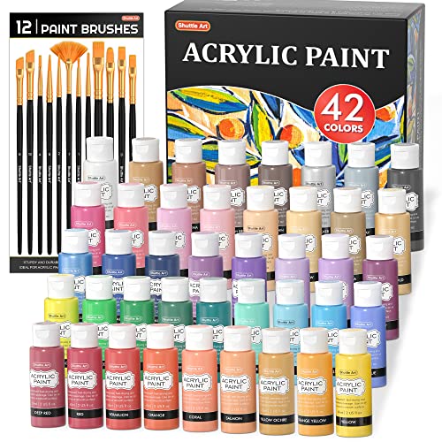 Shuttle Art Acrylic Paint, 42 Colors Acrylic Paint Set with 12 Paint Brushes, 2oz/60ml Bottles, Rich Pigmented, Water Proof, Premium Paints for - WoodArtSupply