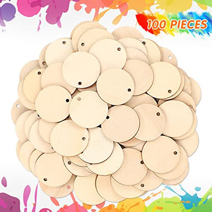 100 Pieces Unfinished Round Wooden Circles with Holes Round Wood Discs for Crafts Blank Natural Wood Circle Cutouts for DIY Crafts Party Birthday